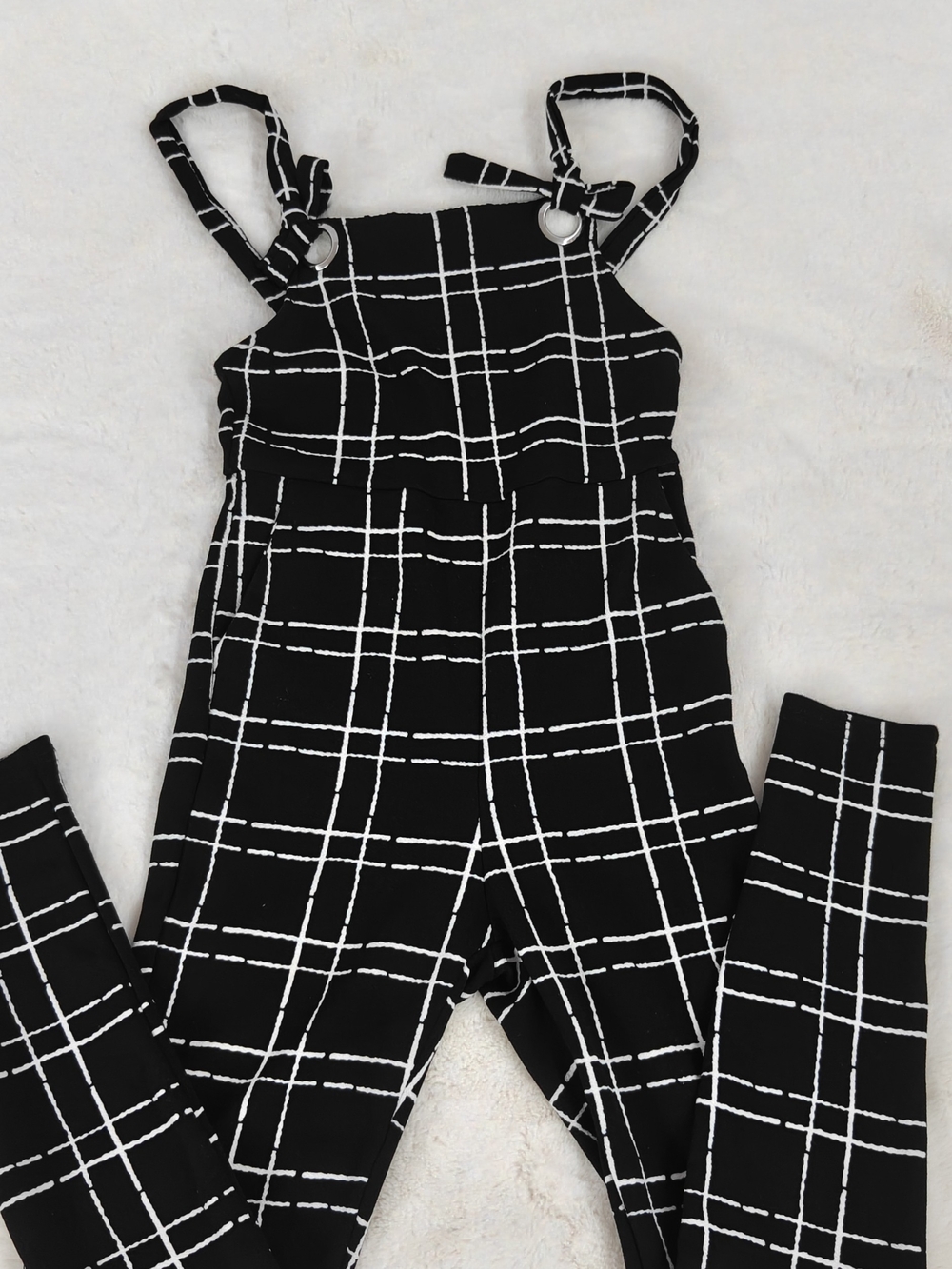 SHEIN Black & White Windowpane Tie-Strap Jumpsuit